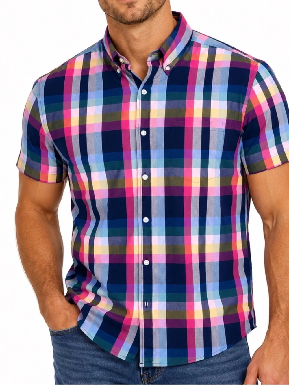 J. Crew Men’s Short Sleeve Navy/Pink/Blue & Green Plaid Button-Down slim fit LG